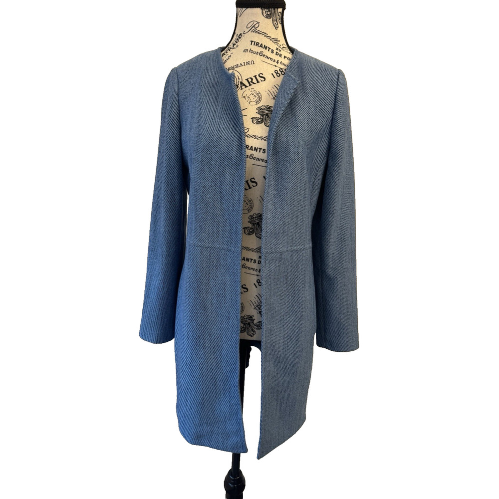 Chico’s Coat Size O (small Size 4/6) Light Blue Light Weight Midi Open Front